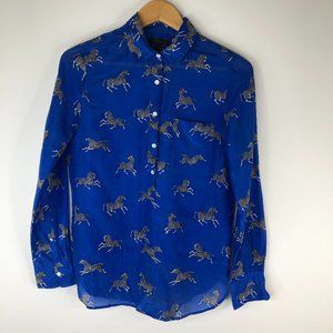 J Crew Zebra Print Long Sleeve Blue Button Blouse
